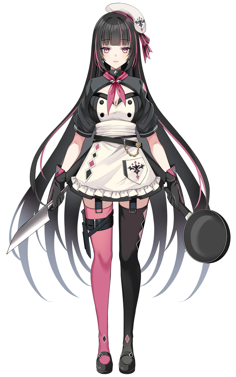 1girl, apron, argyle_clothes, argyle_thighhighs, asymmetrical_legwear, beret, black_dress, black_gloves