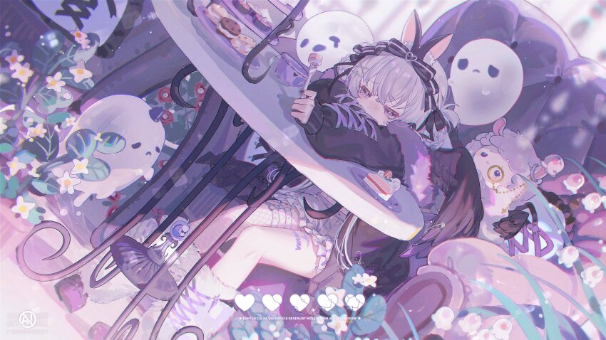 1girl, animal_ears, black_headband, couch, dessert, fishnet_thighhighs, fishnets, food, fork, headband, highres, holding, holding_fork, huangxing, original, rabbit_ears, solo, table, thighhighs, umehara_sei, white_hair, wings