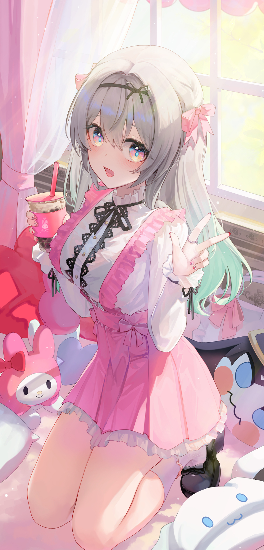 1girl, :3, :d, absurdres, alternate_costume, bed, blue_pupils, bow