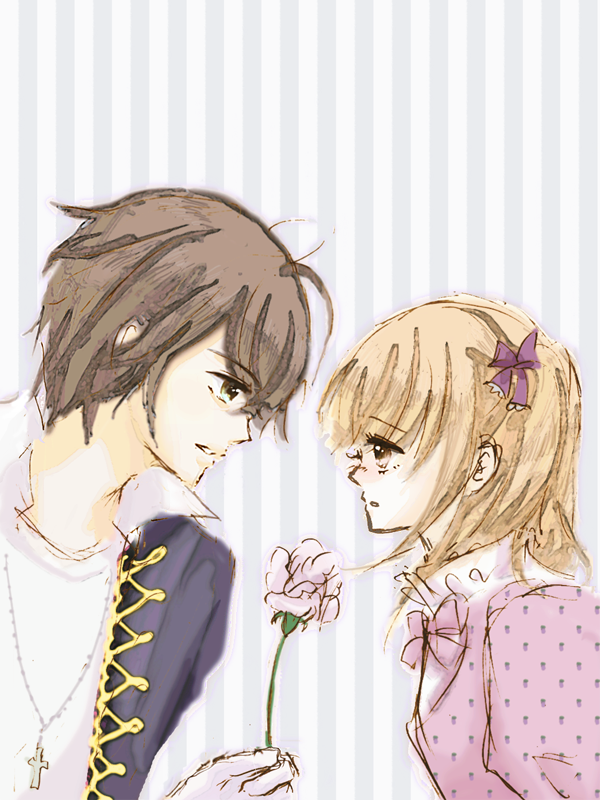 1boy, 1girl, bad_id, bad_pixiv_id, blonde_hair, brown_eyes, brown_hair, couple, cross, cross_necklace, eye_contact, flower, hair_ribbon, hetero, jewelry, licca_(pixiv), looking_at_another, necklace, original, ribbon, short_hair