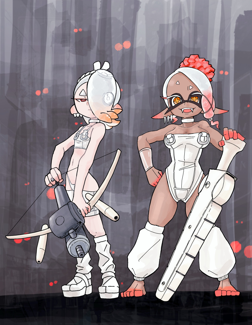 2girls, absurdres, agent_8_(splatoon), agent_8_(splatoon)_(cosplay), alternate_costume, barefoot, bodysuit, bow_(weapon), breasts, choker, cosplay, crossbow, dark-skinned_female, dark_skin, detached_leggings, ear_piercing, fangs, flat_chest, frye_(splatoon), full_body, gradient_hair, hand_on_own_hip, highres, inkling, large_breasts, multicolored_hair, multiple_girls, naito_gambo, nintendo, octolingorange_eyes, orange_hair, order_splatana_(splatoon), order_stringer_(splatoon), piercing, platform_footwear, pointy_ears, red_hair, shiver_(splatoon), shorts, splatoon_(series), splatoon_3, standing, tentacle_hair, thong, vambraces, weapon, white_hair