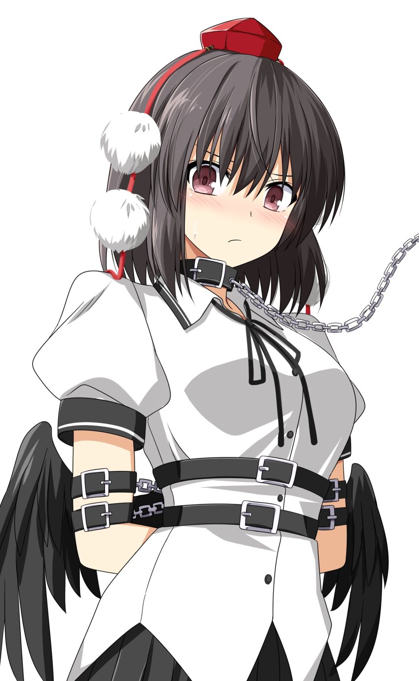 1girl, absurdres, arms_behind_back, bdsm, belt, belt_collar, black_hair, black_ribbon
