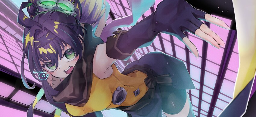 1girl, absurdres, ahoge, bare_shoulders, black_hair, blonde_hair, breasts, duel_monster, elbow_gloves, forehead_protector, gloves, gradient_hair, green_eyes, highres, large_breasts, multicolored_hair, nimm_2626, ponytail, s-force_rappa_chiyomaru, s:p_little_knight, scarf, sleeveless, sleeveless_turtleneck, solo, thighhighs, turtleneck, yu-gi-oh!