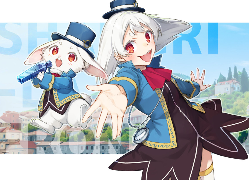 chibikemo, dress, emul, emul_(shangri-la_frontier), furry, furry_female, hat, high_collar, highres, long_sleeves, mikoto_kei, open_mouth, outstretched_arm, pocket_watch, rabbit, red_eyes, shangri-la_frontier, smile, top_hat, tree, watch, white_hair