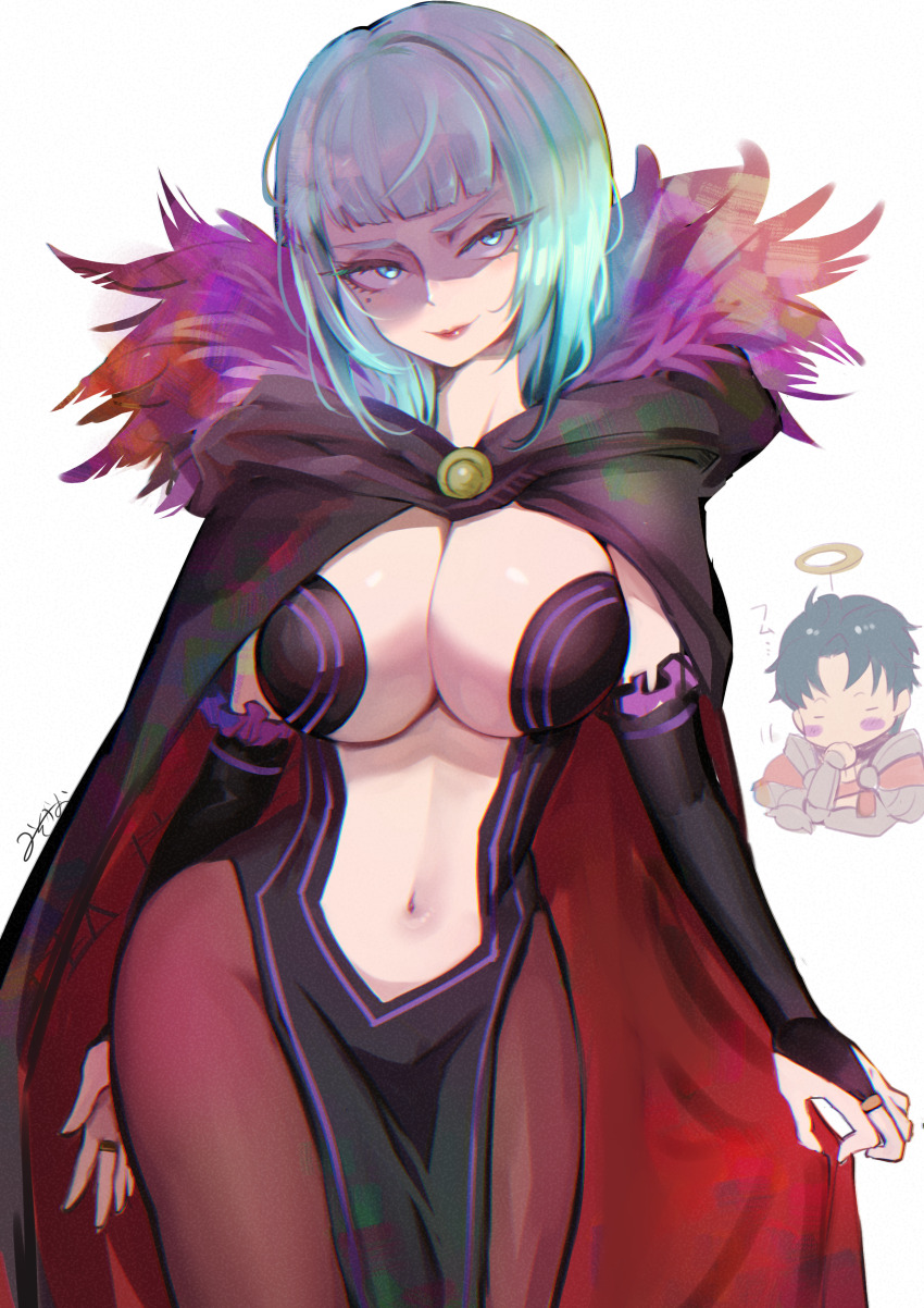 1boy, 1girl, absurdres, alcina_(unicorn_overlord), breasts, bridal_gauntlets, brown_pantyhose, cleavage, cloak, commentary_request, cosplay, elsa_granhilte, elsa_granhilte_(cosplay), eyelashes, fur-trimmed_cloak, fur-trimmed_hood, fur_trim, gerard_(unicorn_overlord), glowing, glowing_eyes, halo, highres, hood, hood_down, hooded_cloak, jewelry, large_breasts, looking_at_viewer, mknnkm2, mole, mole_under_eye, navel, noto_mamiko, pantyhose, re:zero_kara_hajimeru_isekai_seikatsu, red_lips, revealing_clothes, ring, shiny_skin, short_hair, signature, smile, solo_focus, standing, unicorn_overlord, upper_body, voice_actor_connection, white_background, wispy_bangs