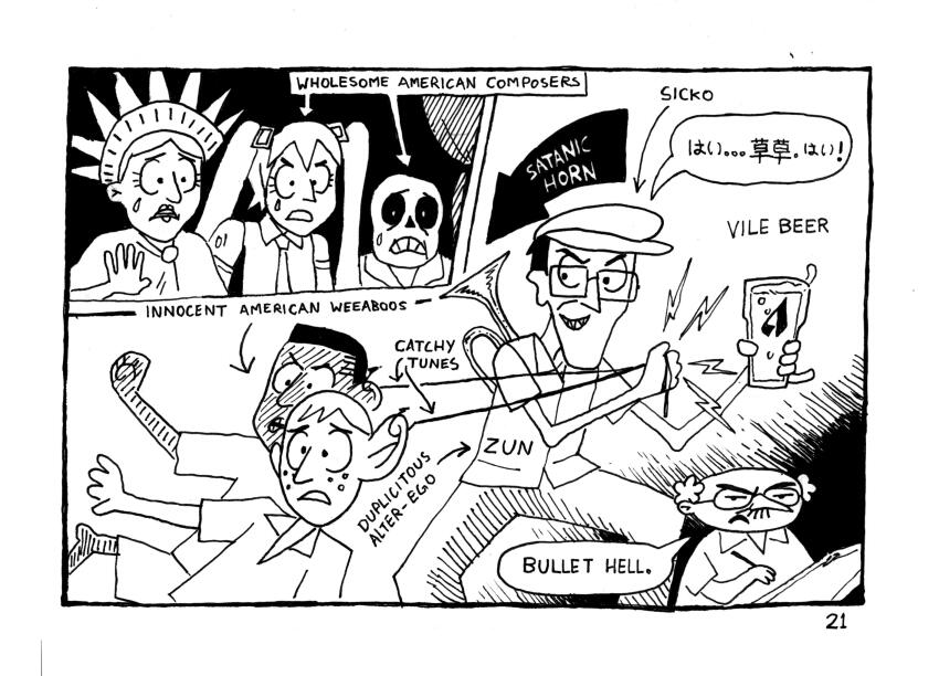 2girls, 5boys, alcohol, arrow_(symbol), bald, beer, beer_mug, clenched_teeth, commentary, crossover, cup, english_commentary, english_text, fourth_wall, glasses, hat, hatsune_miku, high_contrast, highres, hindsart, holding, holding_cup, hook, instrument, kelly_(style), monochrome, mug, multiple_boys, multiple_crossover, multiple_girls, parody, politics, real_life, sans_(undertale), sharp_teeth, short_hair, speech_bubble, stan_kelly, statue_of_liberty, tearing_up, teeth, the_onion, translation_request, trumpet, undertale, utdr_(toby_fox), vocaloid, zun, zun_hat