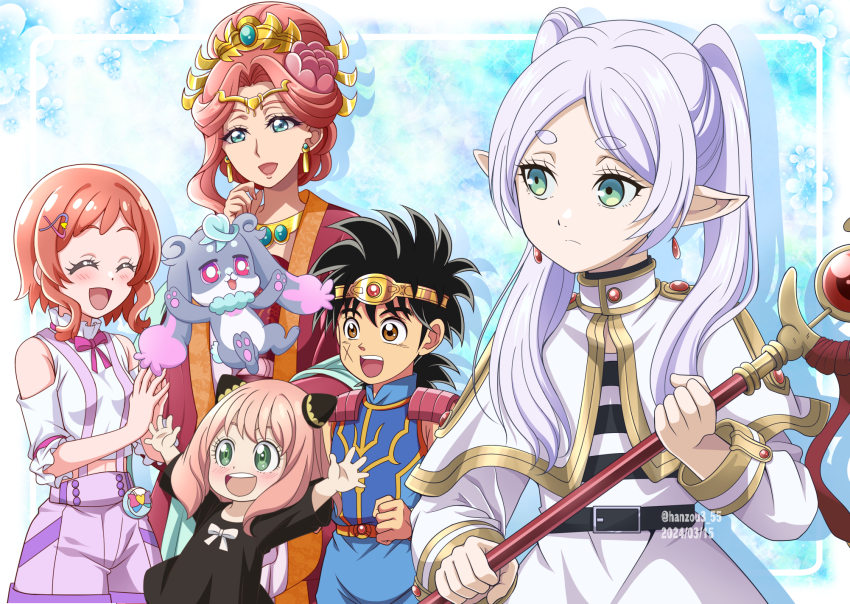 1boy, anya_(spy_x_family), arms_up, belt, black_belt, black_dress, black_hair, black_shirt, blue_eyes, brown_eyes, capelet, child, chinese_clothes, closed_eyes, closed_mouth, clothing_cutout, collar, commentary, crown, dai_(dragon_quest), dated, dragon_quest, dragon_quest_dai_no_daibouken, dress, earrings, elf, flower, frieren, frilled_collar, frilled_sleeves, frills, frown, green_eyes, grey_hair, gyokuyou_(kusuriya_no_hitorigoto), hair_flower, hair_ornament, hairclip, hairpods, hanzou, highres, holding, holding_staff, inukai_iroha, jewelry, kusuriya_no_hitorigoto, long_hair, long_sleeves, looking_at_another, looking_back, medium_hair, midriff, navel, neck_ribbon, open_mouth, own_hands_together, pink_hair, pink_ribbon, pointy_ears, pouch, precure, precure_all_stars, precure_all_stars_f, puca_(precure), purple_shorts, red_hair, ribbon, scar, scar_on_face, shirt, short_dress, short_hair, short_sleeves, shorts, shoulder_cutout, skirt, smile, sousou_no_frieren, spy_x_family, staff, standing, striped_clothes, striped_shirt, suspender_shorts, suspenders, tanezaki_atsumi, tiara, twintails, twitter_username, voice_actor_connection, white_capelet, white_shirt, white_skirt, wonderful_precure!