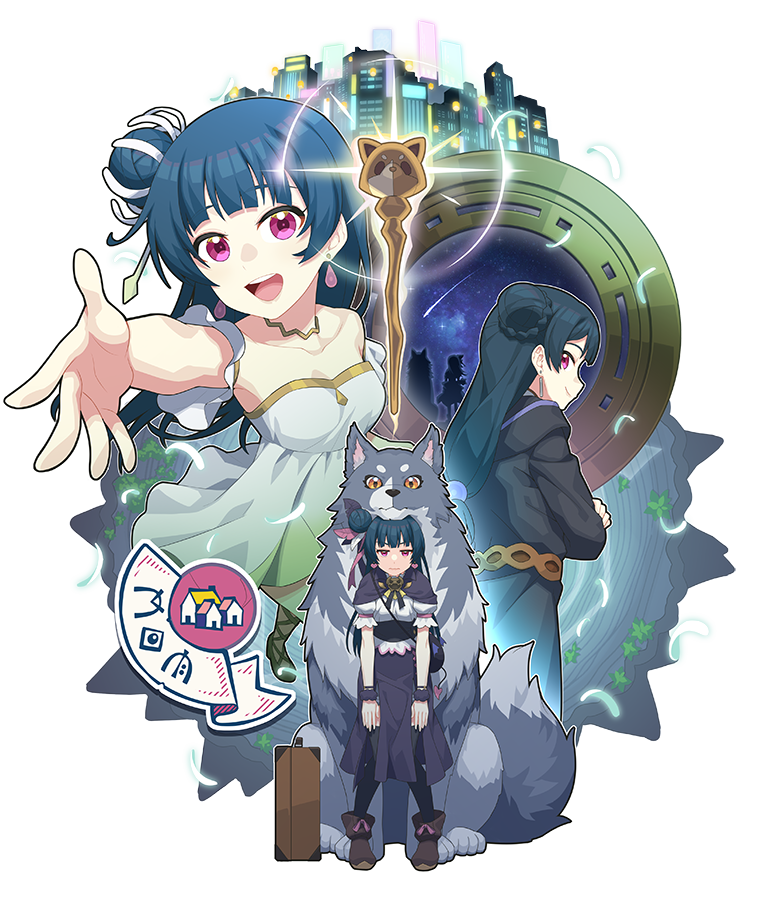 2girls, black_robe, blue_hair, brown_footwear, commentary_request, dog, dress, earrings