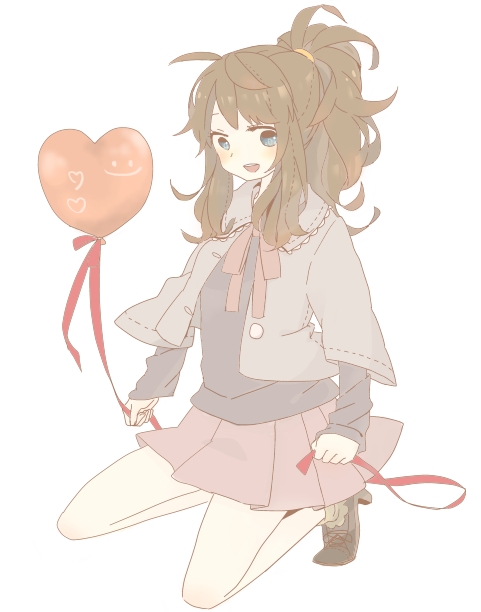 1girl, :d, ai_ne_ko, alternate_costume, balloon, bare_legs, blue_eyes, brown_footwear, brown_hair, commentary_request, full_body, grey_jacket, heart, heart_balloon, hilda_(pokemon), holding, holding_ribbon, jacket, kneeling, long_hair, looking_at_viewer, nintendo, missing_headwear, open_mouth, pink_skirt, pleated_skirt, pokemon, pokemon_black_and_white, ponytail, ribbon, sidelocks, simple_background, skirt, smile, smiley_face, solo, white_background