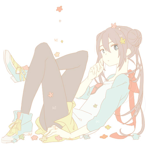 1girl, ai_ne_ko, black_pantyhose, blue_eyes, brown_hair, commentary_request, double_bun, flower