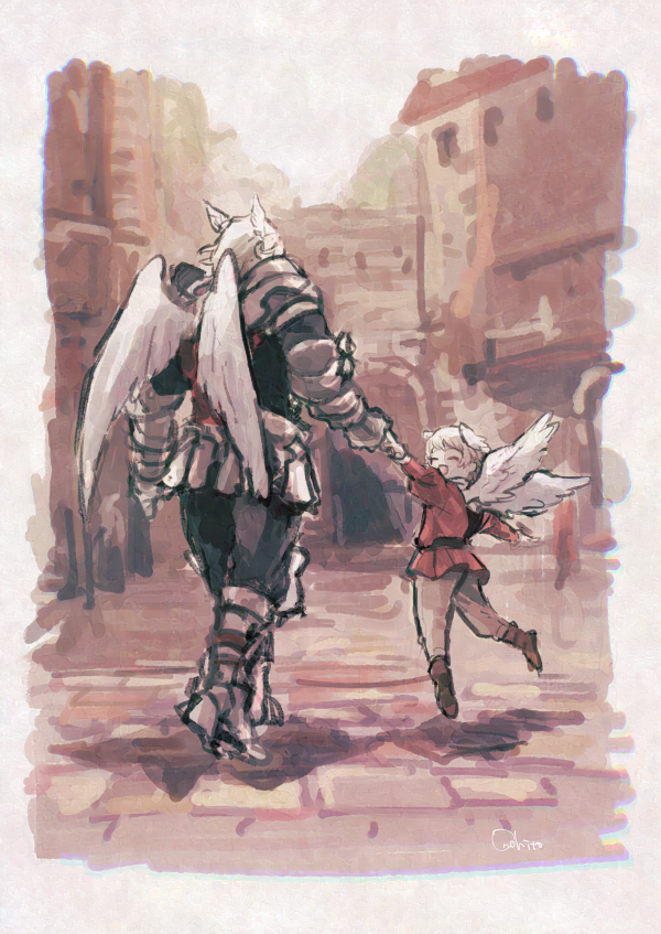 2boys, angel, angel_wings, armor, armored_skirt, black_bodysuit, blonde_hair, bodysuit, brown_footwear, closed_eyes, father_and_child, father_and_son, feathered_wings, fodoquia_(unicorn_overlord), full_body, gauntlets, greaves, grey_pants, head_wings, holding_hands, long_sleeves, male_focus, multiple_boys, onohito, open_mouth, outdoors, pants, parent_and_child, pauldrons, red_shirt, shirt, shoes, short_hair, shoulder_armor, smile, standing, unicorn_overlord, wings