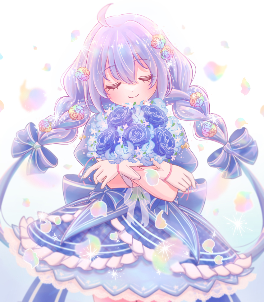 1girl, back_bow, blue_background, blue_bow, blue_dress, blue_flower, blue_hair, blue_rose