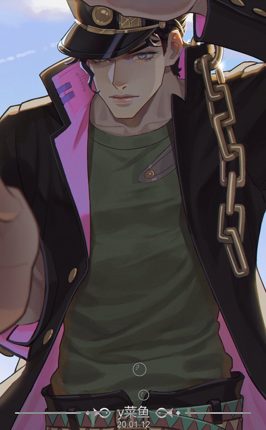 1boy, 2020, absurdres, belt, black_hair, black_pants, blue_eyes, chain