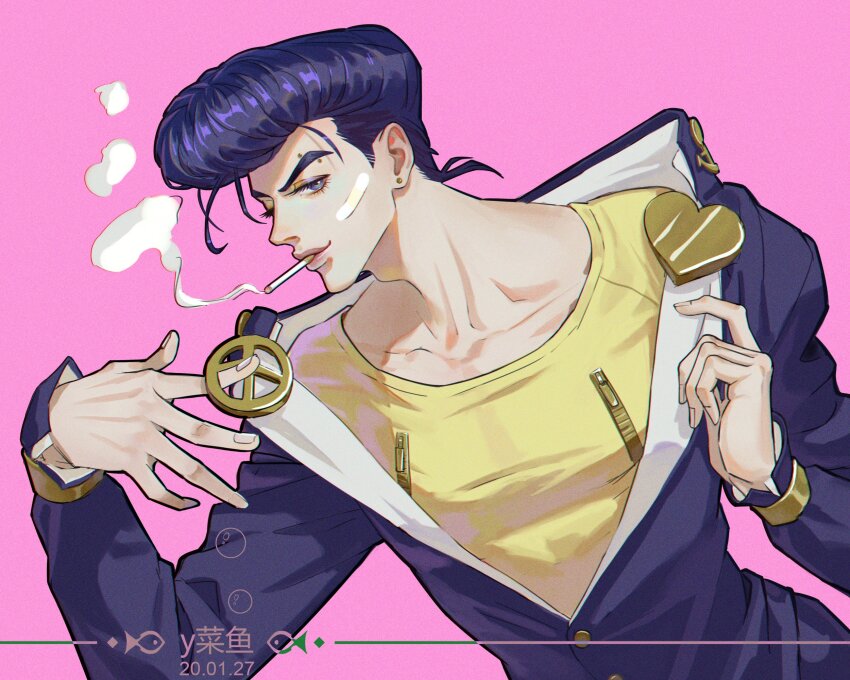 1boy, 2020, anchor_symbol, bandaid, bandaid_on_face, blue_eyes, cigarette, dated, diamond_wa_kudakenai, earrings, gakuran, higashikata_josuke, highres, jewelry, jojo_no_kimyou_na_bouken, long_sleeves, looking_at_viewer, male_focus, mouth_hold, open_clothes, peace_symbol, pink_background, pompadour, purple_hair, school_uniform, smile, smoke, smoking, solo, y06407694