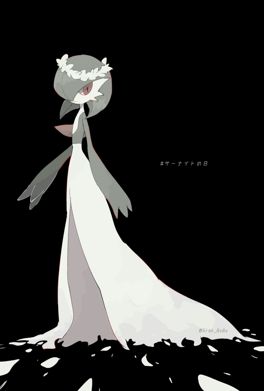 artist_name, black_background, bob_cut, colored_skin, dress, flower_wreath, gardevoir, gen_3_pokemon