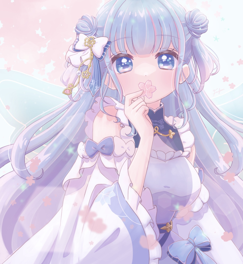 1girl, aoi_sakura_(japanese_vtuber), blue_bow, blue_eyes, blue_hair, bow, cherry_blossoms, covering_own_mouth, detached_sleeves, dot_nose, double_bun, dress_bow, flower, flower_over_mouth, frills, fuka_(f_uka_1021), hair_bow, hair_bun, highres, holding, holding_flower, indie_virtual_youtuber, blue_background, long_hair, looking_at_viewer, multicolored_hair, name_connection, object_namesake, pink_hair, signature, solo, sparkling_eyes, streaked_hair, two-tone_hair, two_side_up, upper_body, virtual_youtuber, white_bow, white_sleeves, wings