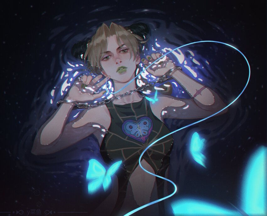 1girl, absurdres, blonde_hair, braid, breasts, bug, butterfly, butterfly_tattoo, commentary_request, cuffs, double_bun, green_eyes, green_hair, green_lips, green_nails, hair_bun, handcuffs, highres, insect, jojo_no_kimyou_na_bouken, kuujou_jolyne, long_hair, medium_breasts, multicolored_hair, solo, spider_web_print, stone_ocean, string, tattoo, two-tone_hair, y06407694