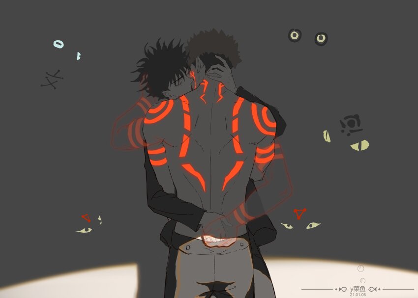 2021, 2boys, absurdres, arm_tattoo, back, back_tattoo, black_hair, black_jacket