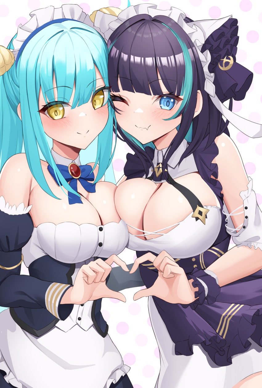 2girls, azur_lane, black_hair, black_sleeves, blue_bow, blue_eyes, blue_hair, blunt_bangs