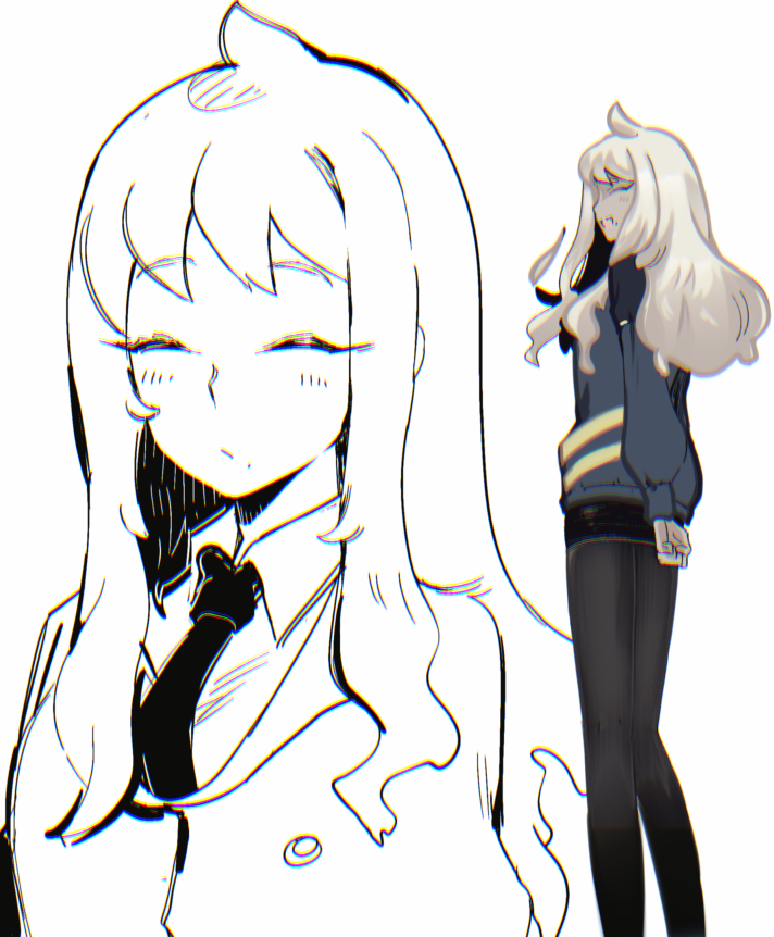 1girl, ahoge, arms_behind_back, black_pantyhose, black_shorts, blue_jacket, closed_eyes, collared_shirt