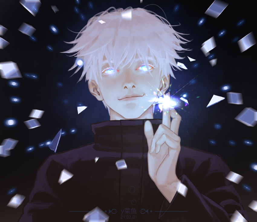1boy, 2021, black_jacket, blue_eyes, crossed_fingers, dated, fingernails, gojo_satoru