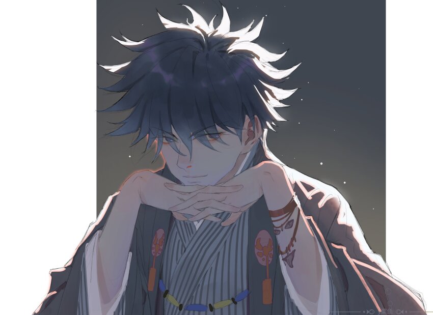 1boy, absurdres, black_hair, blue_eyes, border, closed_mouth, fushiguro_megumi, hair_between_eyes