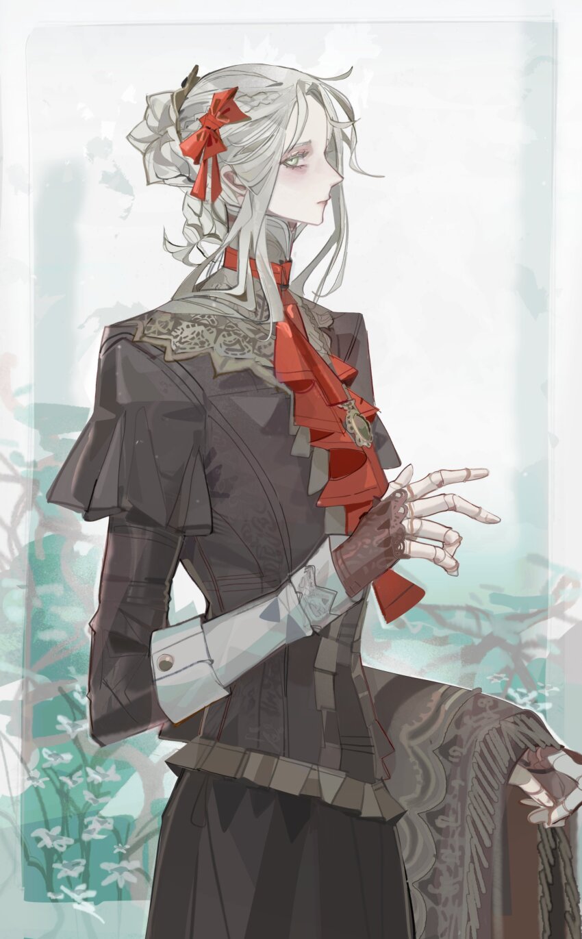 1girl, absurdres, ascot, black_jacket, black_skirt, bloodborne, blue_eyes, border