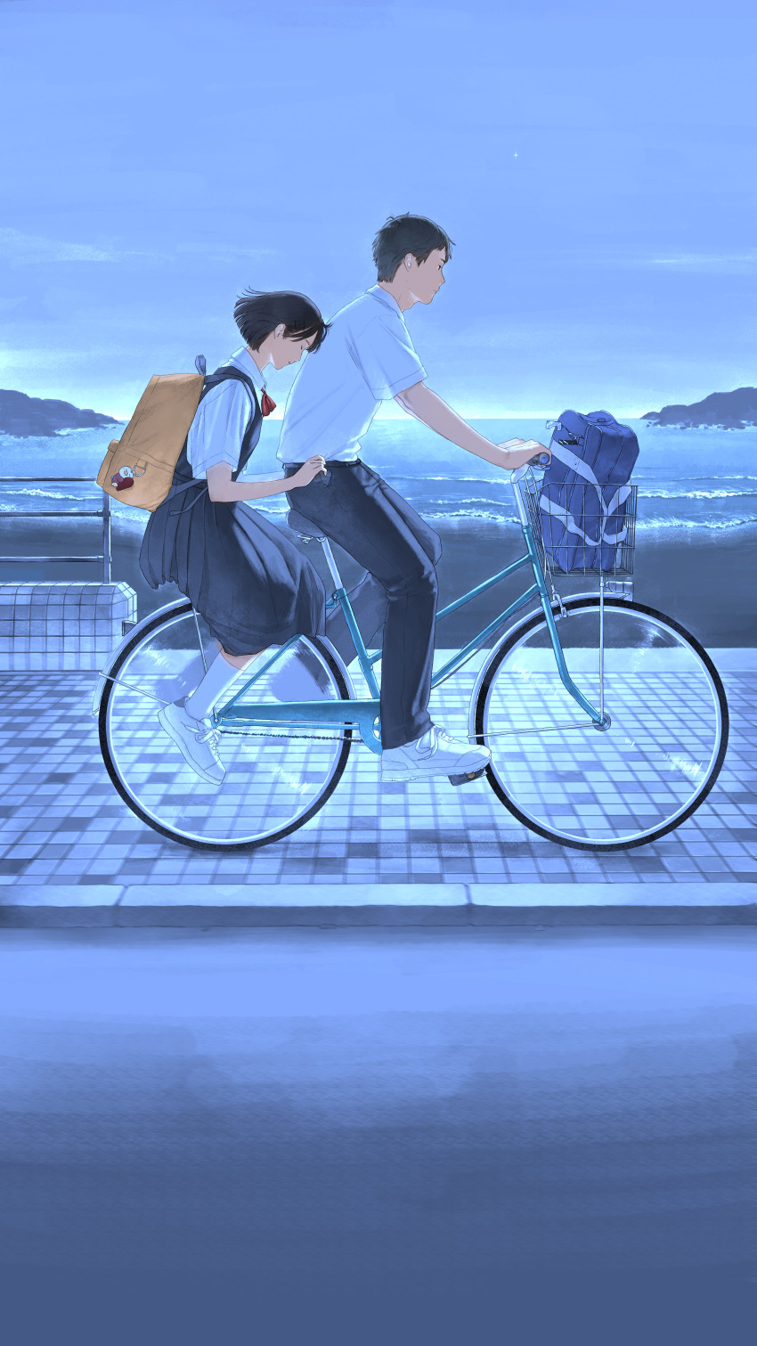 1boy, 1girl, absurdres, backpack, bag, bag_charm, bicycle, black_hair
