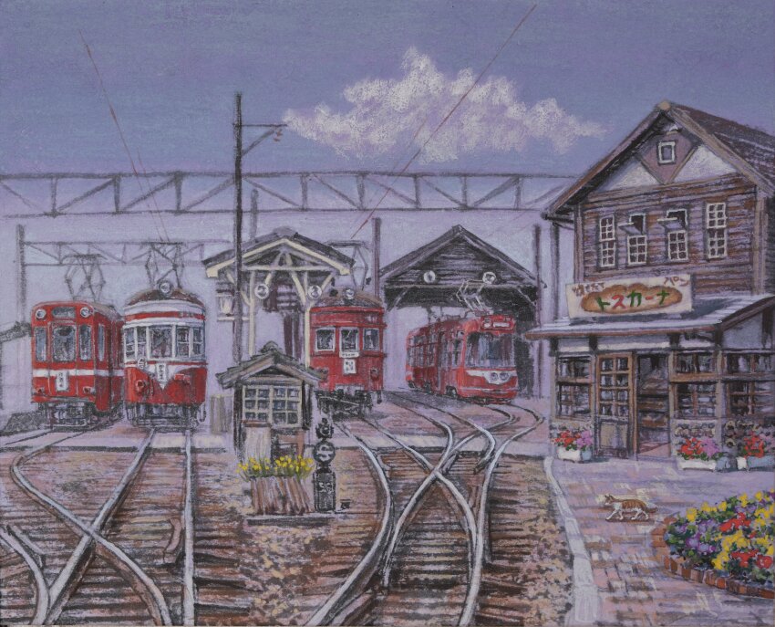 absurdres, animal, blue_sky, brick_floor, building, cat, cloud, cloudy_sky