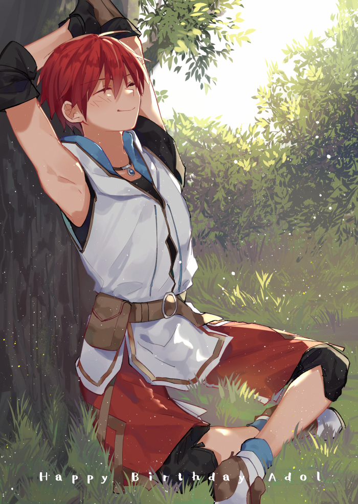 1boy, adol_christin, against_tree, arms_up, belt, blush, brown_belt, closed_eyes