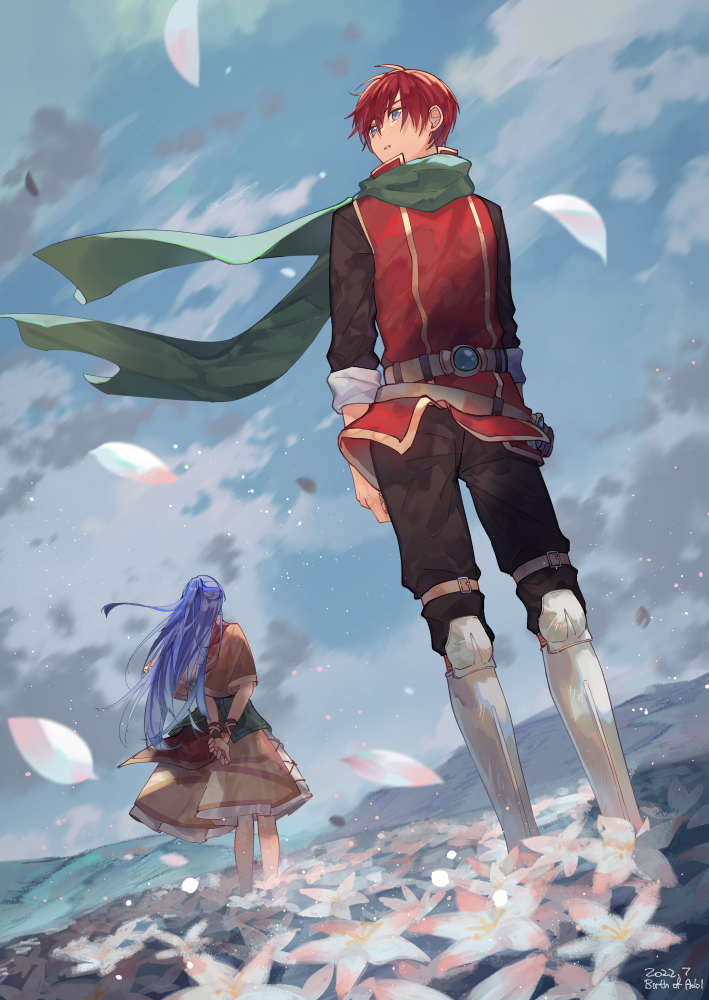 1boy, 1girl, adol_christin, armored_boots, arms_at_sides, arms_behind_back, blue_eyes, blue_hair