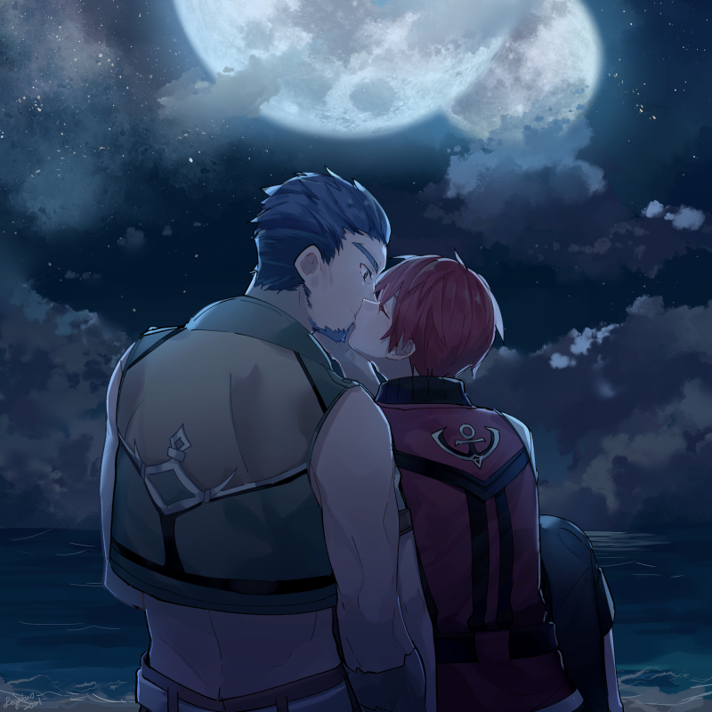 2boys, adol_christin, beach, blue_eyes, blue_hair, closed_eyes, cloud, crop_top