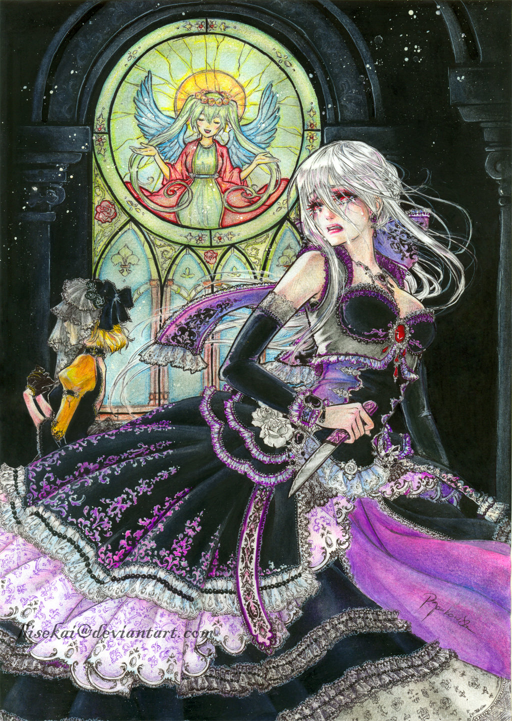 2girls, aku_no_musume_(vocaloid), albino, angel, angel_wings, black_gloves, blonde_hair, bow, breasts, cleavage, dagger, dress, evillious_nendaiki, flower, gem, gloves, halo, hat, hatsune_miku, highres, hisekai, kagamine_rin, knife, large_breasts, marker_(medium), multiple_girls, red_eyes, ribbon, rose, shiro_no_musume_(vocaloid), signature, stained_glass, tears, tibbon, traditional_media, veil, vocaloid, watermark, weapon, white_hair, white_rose, wings, yowane_haku