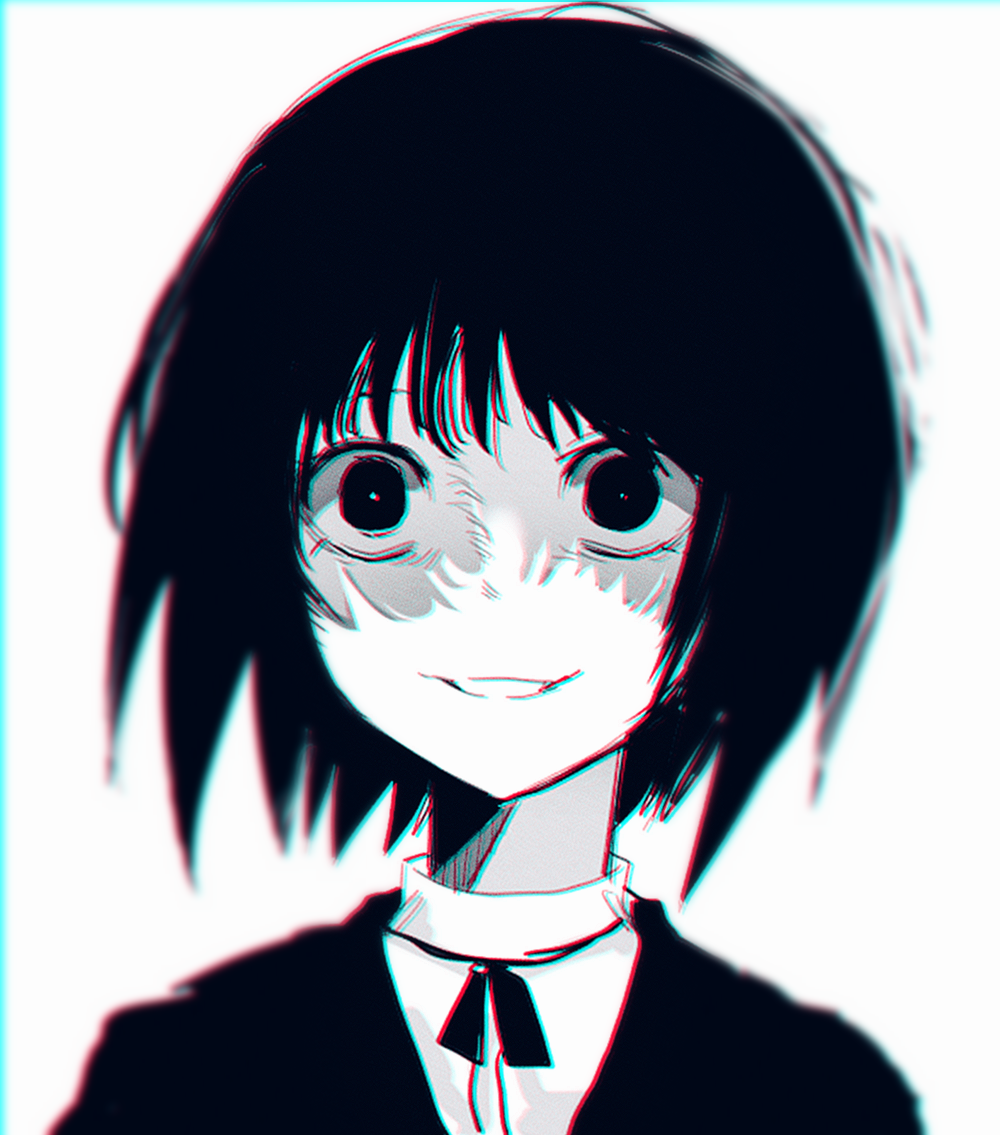 1other, capelet, catt_(project_moon), chromatic_aberration, crazy_eyes, dot_nose, empty_eyes, greyscale