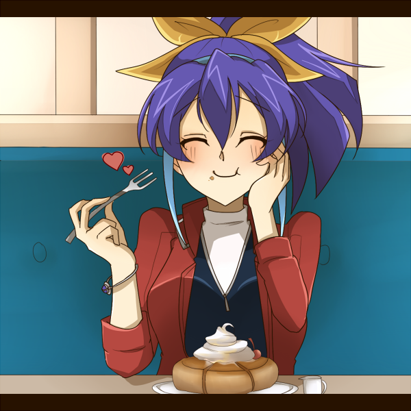 1girl, blue_hair, bracelet, closed_eyes, eating, food, food_on_face, hair_between_eyes