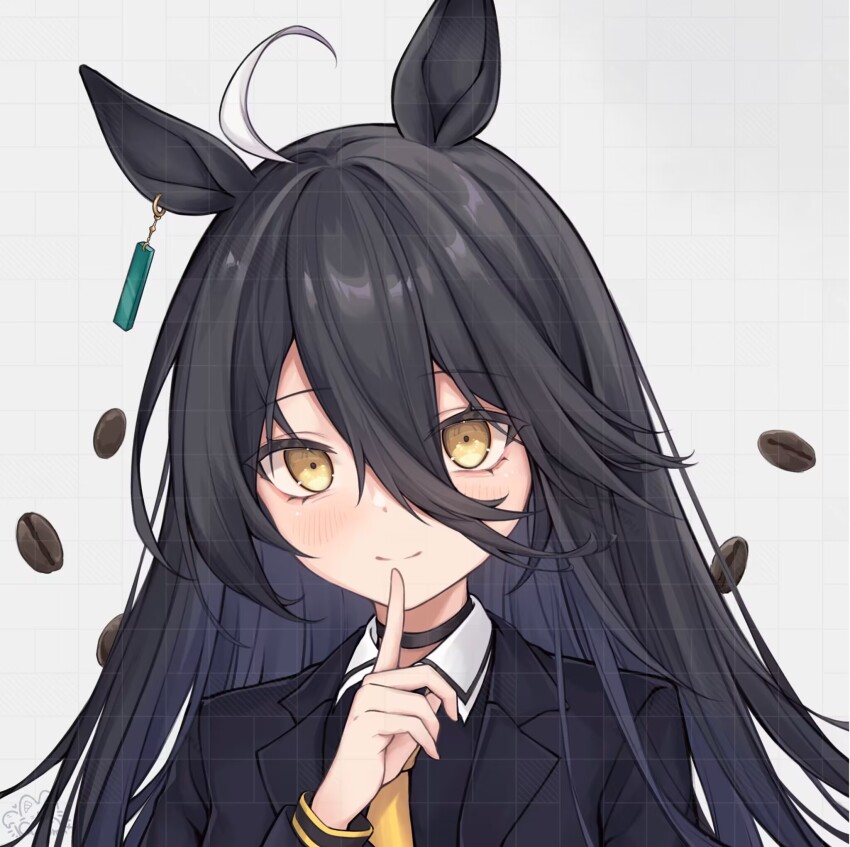 1girl, ahoge, animal_ears, black_eyeliner, black_hair, coffee_beans, earrings, eyeliner