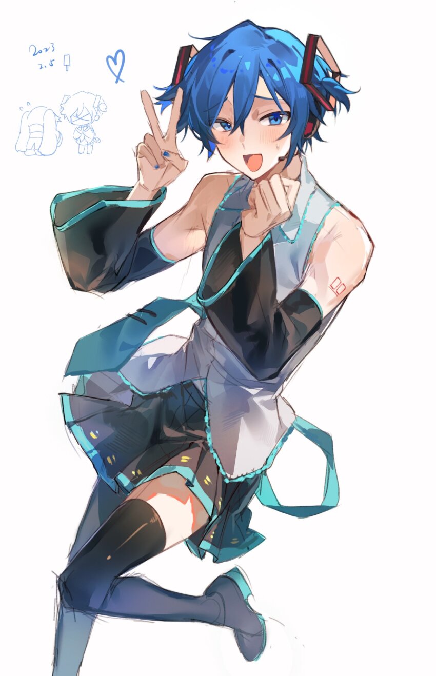 1boy, 1girl, 2023, aqua_necktie, arm_tattoo, bare_shoulders, black_skirt, black_thighhighs, blue_eyes, blue_hair, blue_nails, blush, boots, chibi, collared_shirt, commentary, cropped_legs, crossdressing, dated, detached_sleeves, food, grey_shirt, hair_ornament, hatsune_miku, headphones, heart, high_heel_boots, high_heels, highres, kaito_(vocaloid), kazemi_arashi, long_sleeves, looking_at_viewer, male_focus, microphone, nail_polish, necktie, pleated_skirt, popsicle, shirt, short_twintails, simple_background, skirt, smile, standing, standing_on_one_leg, sweatdrop, tattoo, thighhighs, twintails, v, vocaloid, white_background, x_x