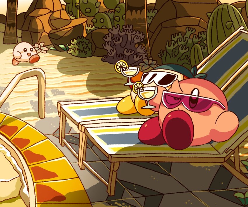 bandana, bandana_waddle_dee, batamon, beach_chair, blue_bandana, blush_stickers, cactus, colored_skin