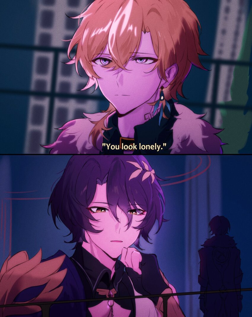 2boys, aventurine_(honkai:_star_rail), black_gloves, blade_runner_(series), blade_runner_2049, blonde_hair, blue_hair, closed_mouth