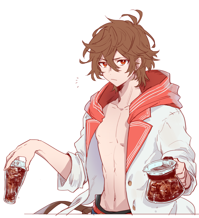 1boy, ahoge, belt, bishounen, brown_hair, coffee, coffee_pot, cola