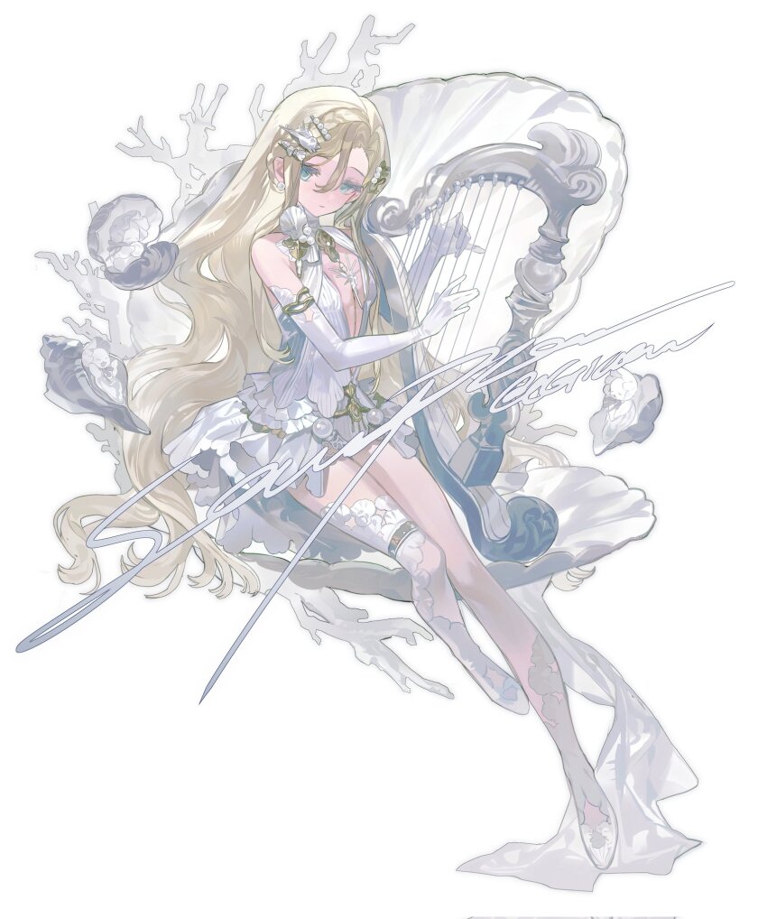 1girl, bare_shoulders, blonde_hair, blue_eyes, breasts, cleavage, closed_mouth, commission