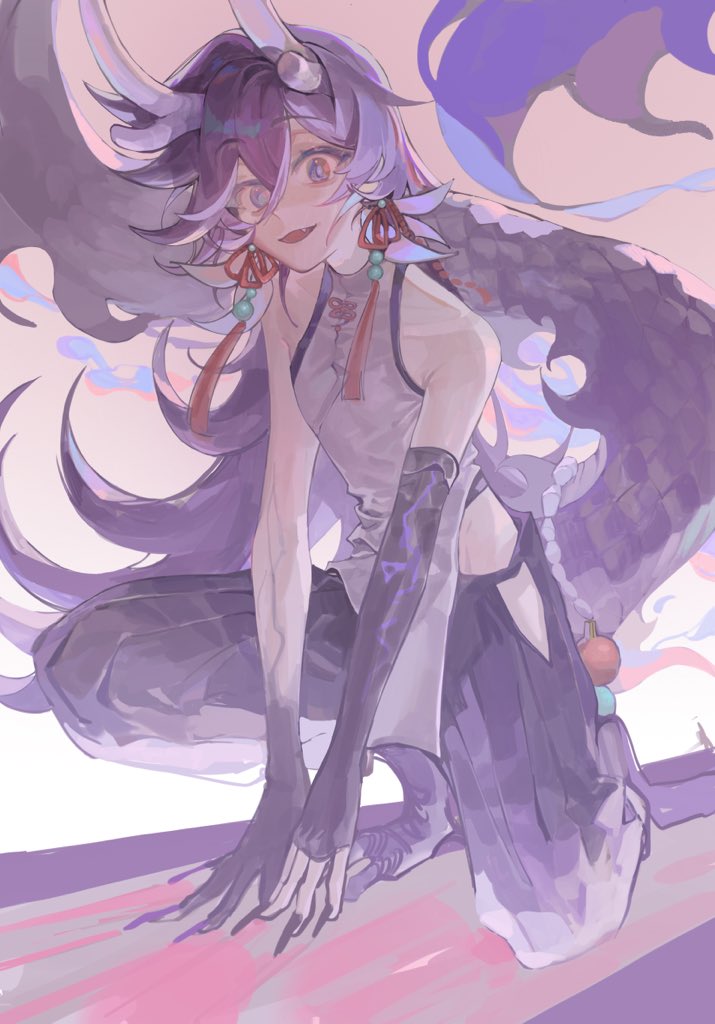 1boy, alternate_costume, alternate_hair_length, alternate_hairstyle, banzoin_hakka, bishounen, blue_eyes, chinese_clothes, claws, commentary, dragon_boy, dragon_horns, dragon_tail, dsalcy, earrings, english_commentary, fang, full_body, hair_between_eyes, holostars, holostars_english, horns, jewelry, kneeling, long_hair, looking_at_viewer, male_focus, on_one_knee, open_mouth, purple_hair, purple_theme, sleeveless, smile, solo, tail, tassel, tassel_earrings, very_long_hair, virtual_youtuber