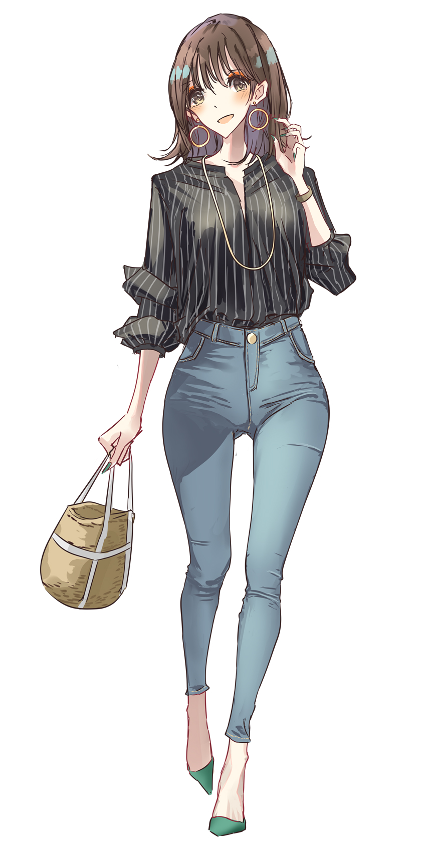 1girl, armlet, bag, belt, black_shirt, bracelet, brown_bag, brown_hair