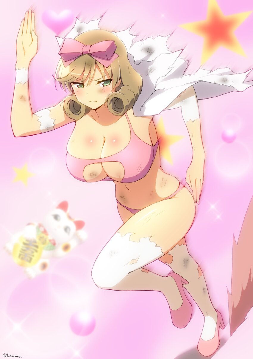 1girl, artist_name, blush, body_blush, bow, bra, breasts, bruise, bruise_on_chest, bruised_chest, calico_(pattern), cleavage, closed_mouth, coin, curly_hair, dust_cloud, frown, full_body, gloves, gold, green_eyes, groin, hair_bow, haruka_(senran_kagura), heart, highres, huge_breasts, injury, koban_(gold), lab_coat, lemonrou, lens_flare, light_brown_hair, maneki-neko, mary_janes, navel, panties, pink_background, pink_bow, pink_bra, pink_panties, pink_shoes, running, senran_kagura, senran_kagura_shoujo-tachi_no_shin'ei, shiny_skin, shoes, short_hair, skindentation, solo, sparkle, star_(symbol), swept_bangs, thighhighs, torn_clothes, torn_coat, torn_gloves, torn_sleeves, torn_thighhighs, twitter_username, underwear, white_thighhighs