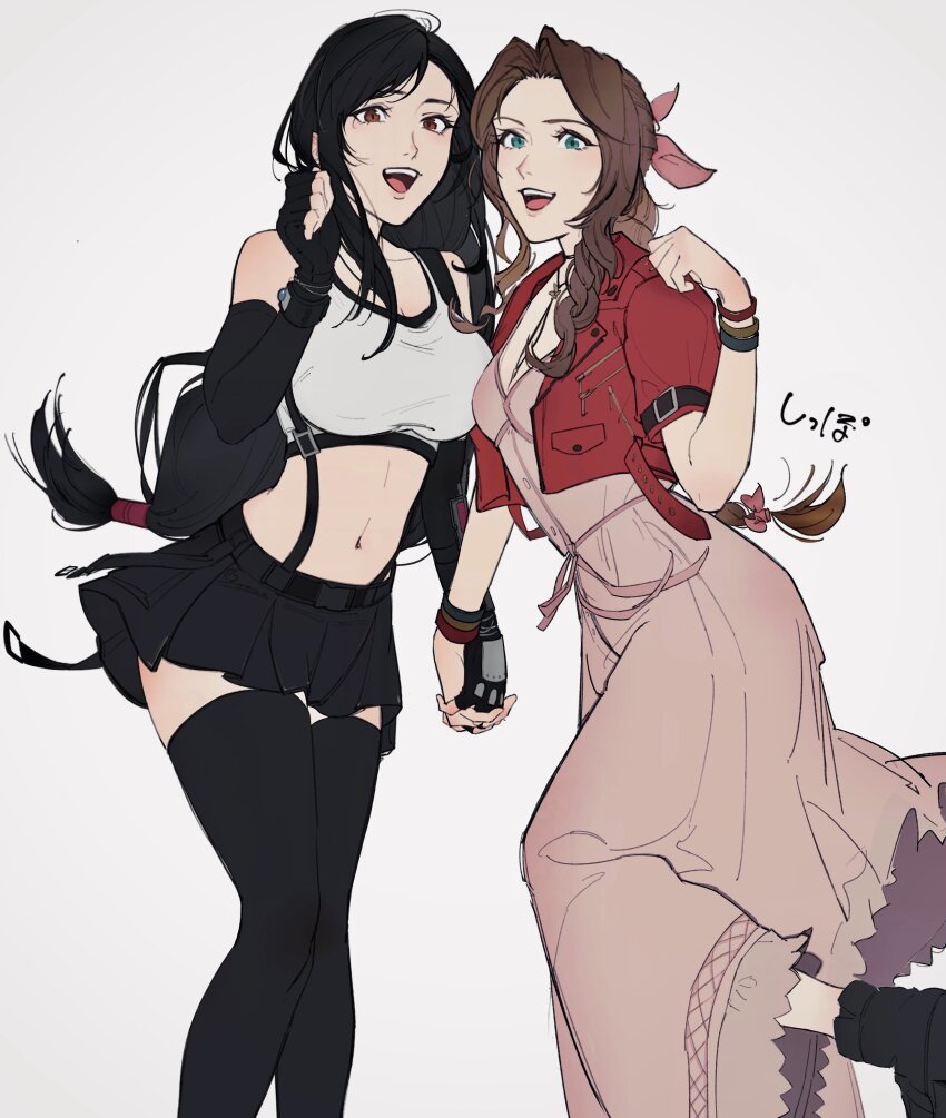 2girls, absurdres, aerith_gainsborough, bangle, bare_shoulders, black_hair, black_skirt, black_thighhighs
