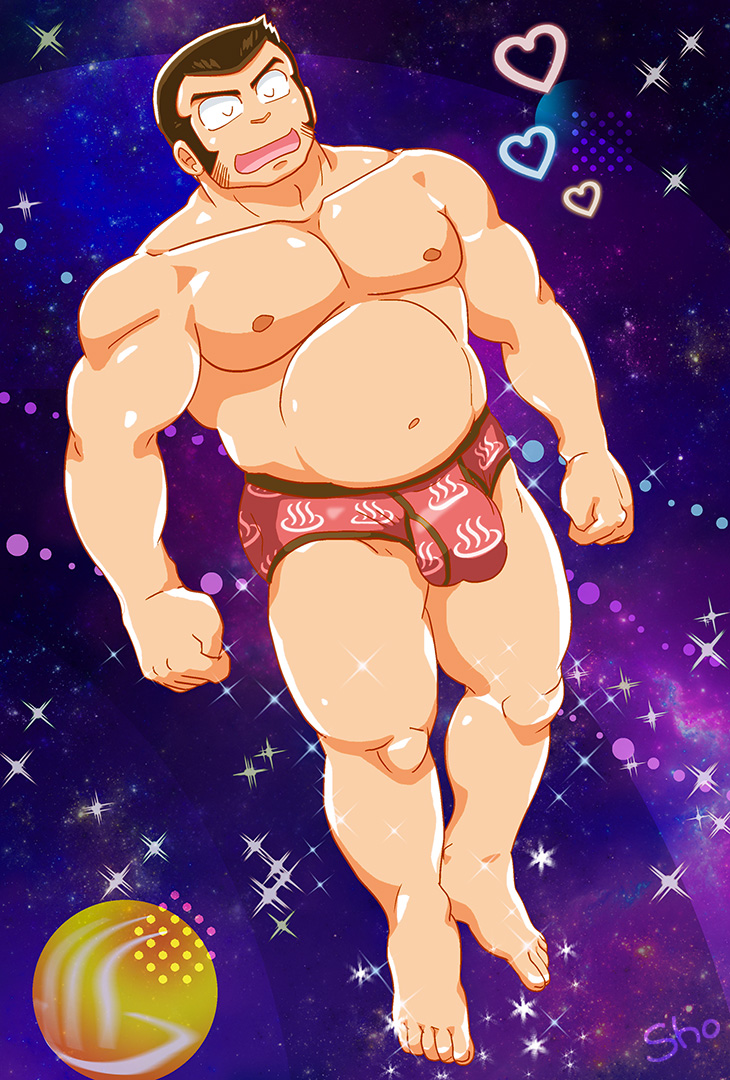 1boy, artist_name, bara, brown_hair, bulge, clenched_hands, closed_eyes, facial_hair