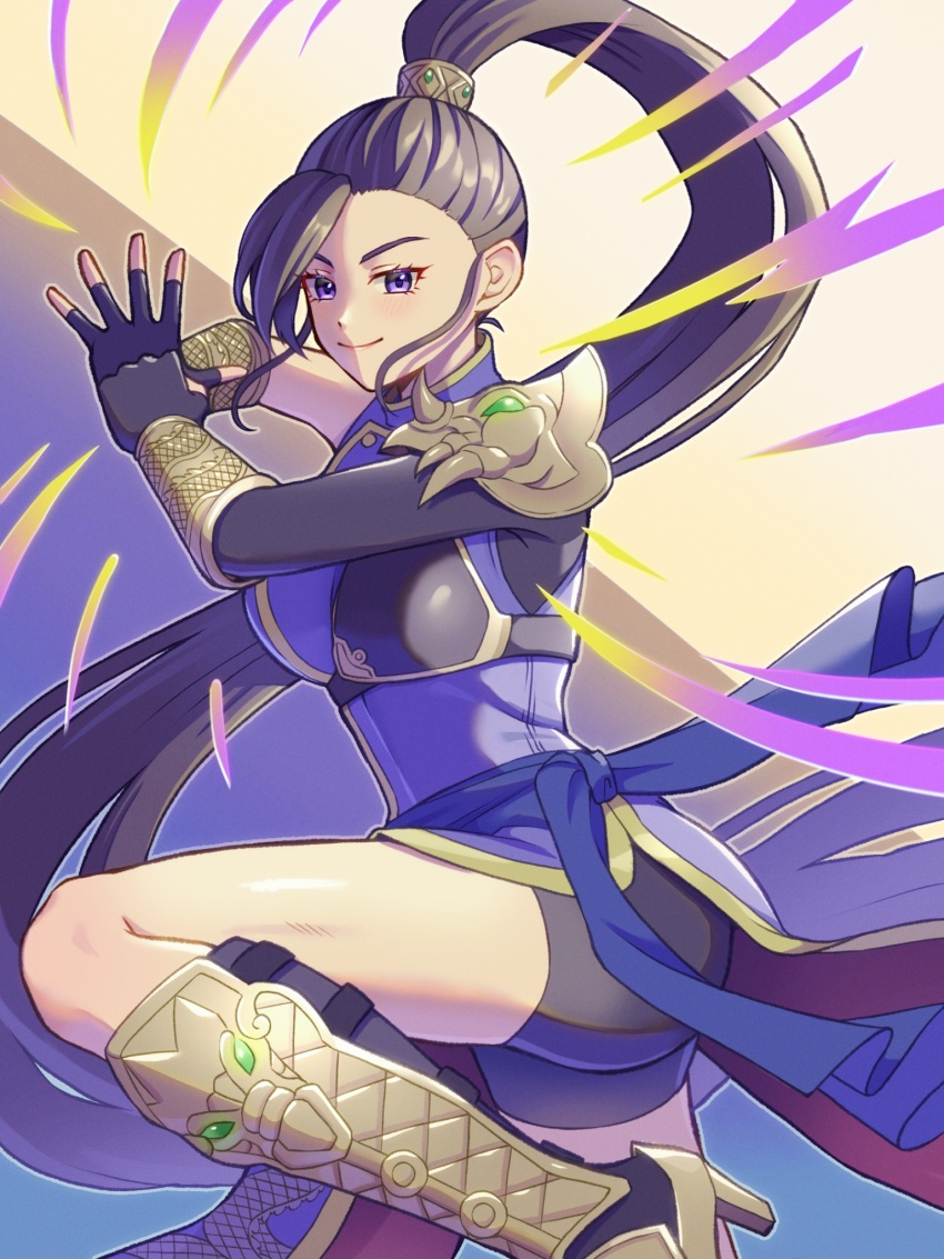 1girl, armor, asymmetrical_sleeves, bike_shorts, bike_shorts_under_skirt, black_gloves, black_hair, black_shorts