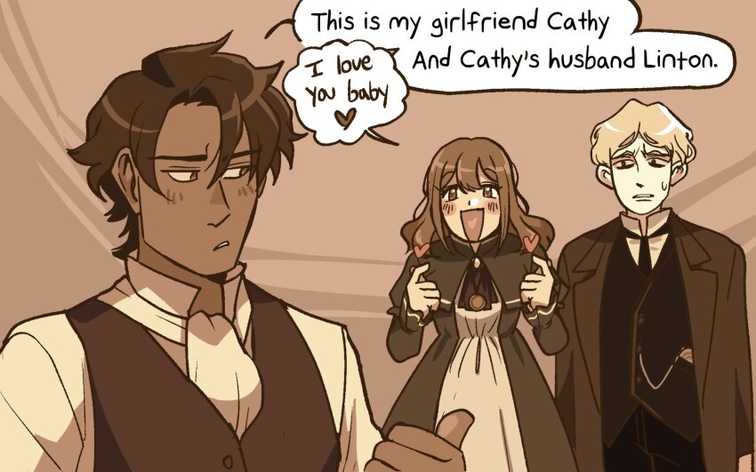 1girl, 2boys, ascot, black_ascot, black_pants, black_vest, blonde_hair, brown_eyes, brown_hair, brown_theme, catherine_(project_moon), dark-skinned_male, dark_skin, english_text, gloves, heart, heart_in_mouth, heathcliff_(project_moon), highres, limbus_company, linton_(project_moon), long_hair, multiple_boys, necronatural, pants, pocket_watch, project_moon, shirt, short_hair, speech_bubble, sweatdrop, vest, watch, white_gloves, white_shirt