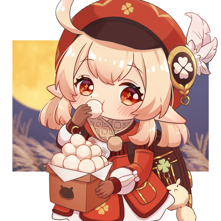 1girl, ahoge, backpack, bag, blonde_hair, box, brown_bag, brown_gloves