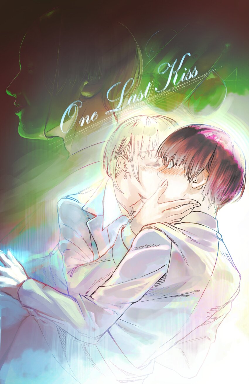 1boy, 1girl, absurdres, ammenite, black_hair, blonde_hair, blush, choujin_x